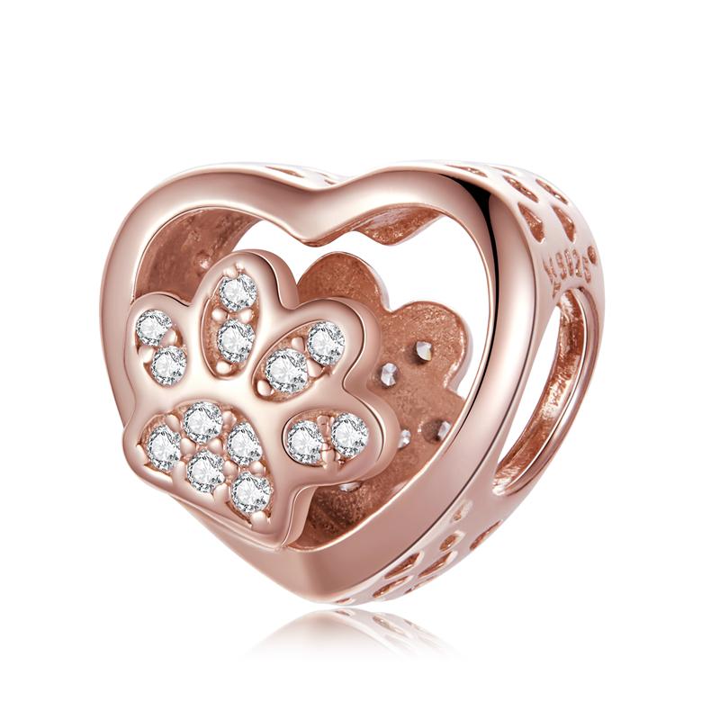 BISAER 925 Silver Rose Gold Charm Bead Heart Flower Pendant For Girl Bracelet DIY Mother's Day Birthday Fine Jewelry