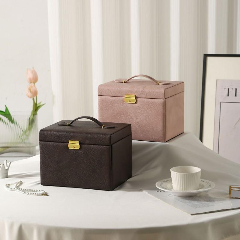 Large Capacity Double Layer Lockable Jewelry Box PU Leather Rings Earrings Necklaces