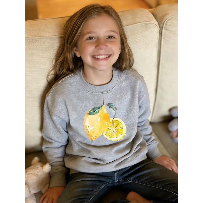 Kids Unisex Crewneck Sweatshirt, Watercolor Whole And Slice Lemon With Leaves Print Long Sleeve Pullover, Sweatshirt for Boys Girls Over 4 Years Old