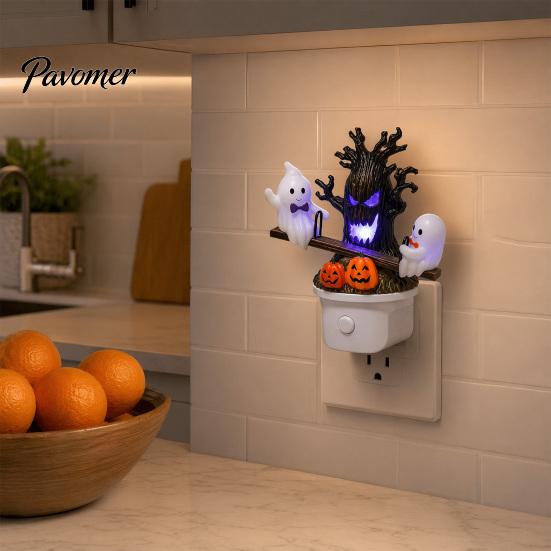 Spooky Tree And Pumpkin Decor Animated Seesaw Ghosts Night Light, Halloween Plug-in Lamp with Decorative Light Moving Figurines, Glowing for