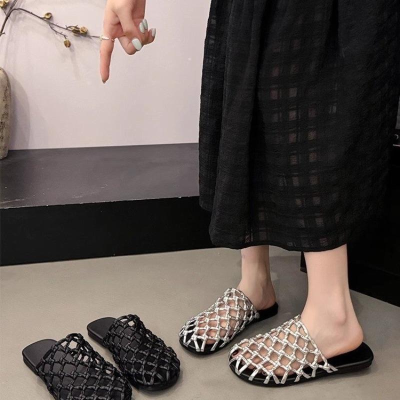 Fashion Women's Woven Mesh Breathable Flat Shoes Summer New Round Toe Shallow Mouth Soft Sole Anti-slip Wear-resistant Slippers