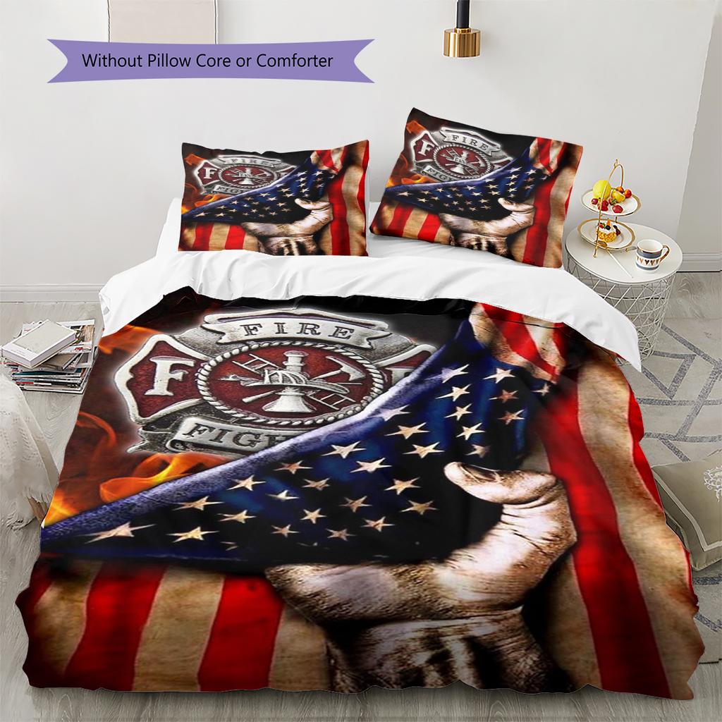 Firefighter Pattern Bedding Quilt Set Quilt Cover Pillowcase Home Decoration Gift (1 * duvet cover + 2 * pillowcase, without core)