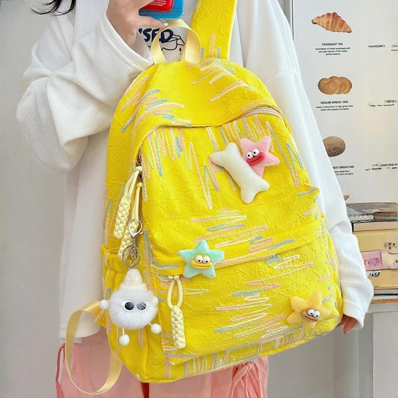 Autumn New Simple Lightweight Student Backpack Junior/high School Girl Schoolbag Cute Sweet Embroidery Striped Travel Book Bags with Cartoon Pendant