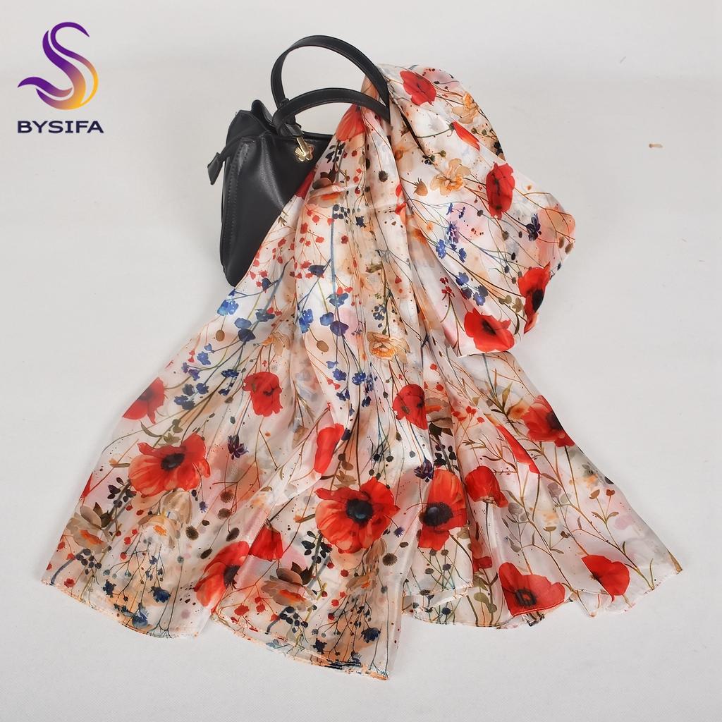 Ultralarge Spring Fall 100% Mulberry Silk Scarf Beach Wrap Brand Female Long Scarves New Red Floral Silk Scarf Shawl