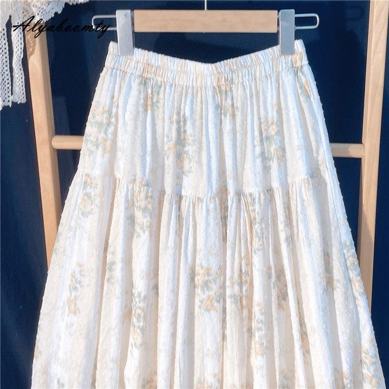 Japanese Mori Girl Spring Summer Women A-Line Skirt Elastic Waist Jacquard Cotton Floral Print Skirt Elegant Feminine Midi Skirts Womens