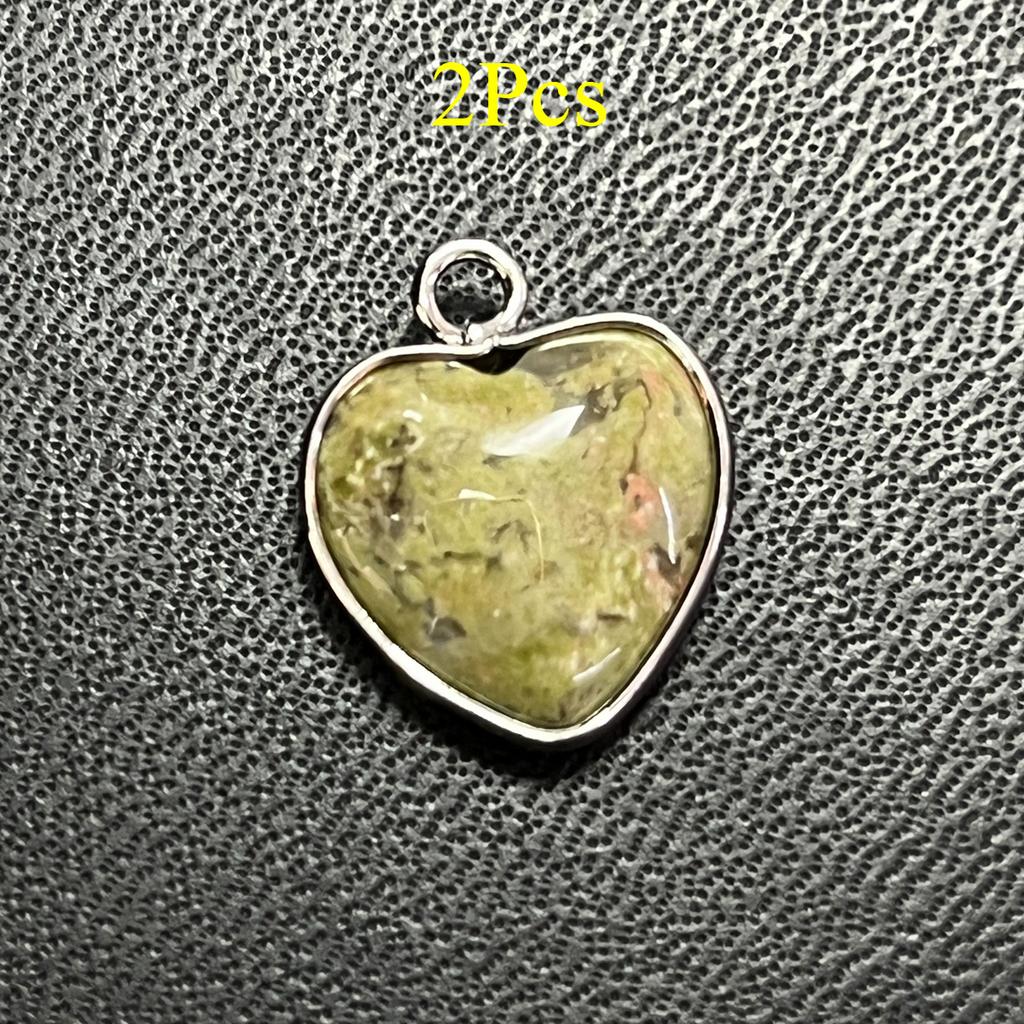 2 Stück, Energie Naturstein Anhänger mit silberfarbenem Rand, Spirituelle Heilung Kristall Herz Edelstein Charms für Schmuckherstellung DIY Basteln 15mm