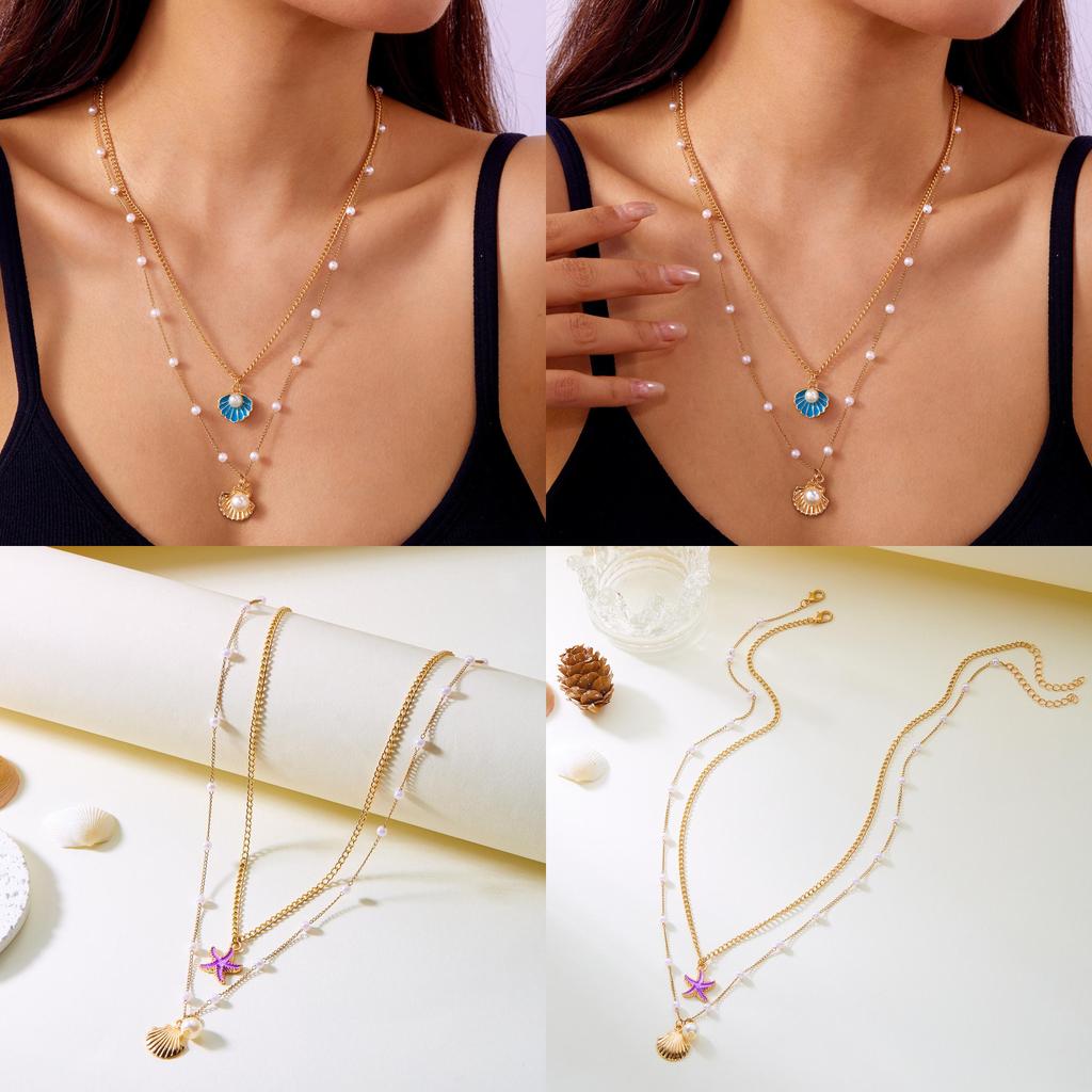 Geometric Pearl Pendant Chain With Shell And Starfish For Summer Beach Vacation