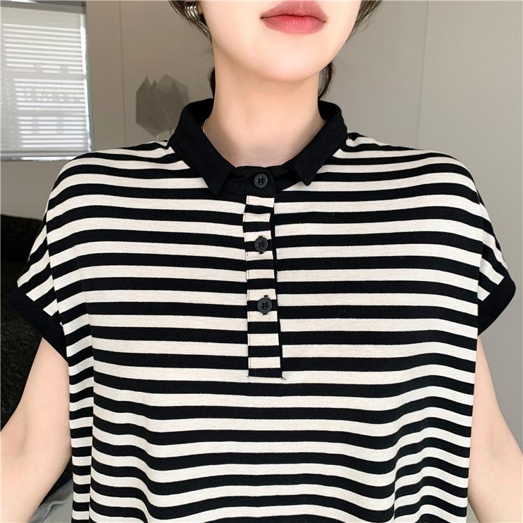 Sommer Damen Kleid Plus Größe Lockeres Temperament Lässig Kleines Revers Bedecktes Fleisch Gestreifte Kleider