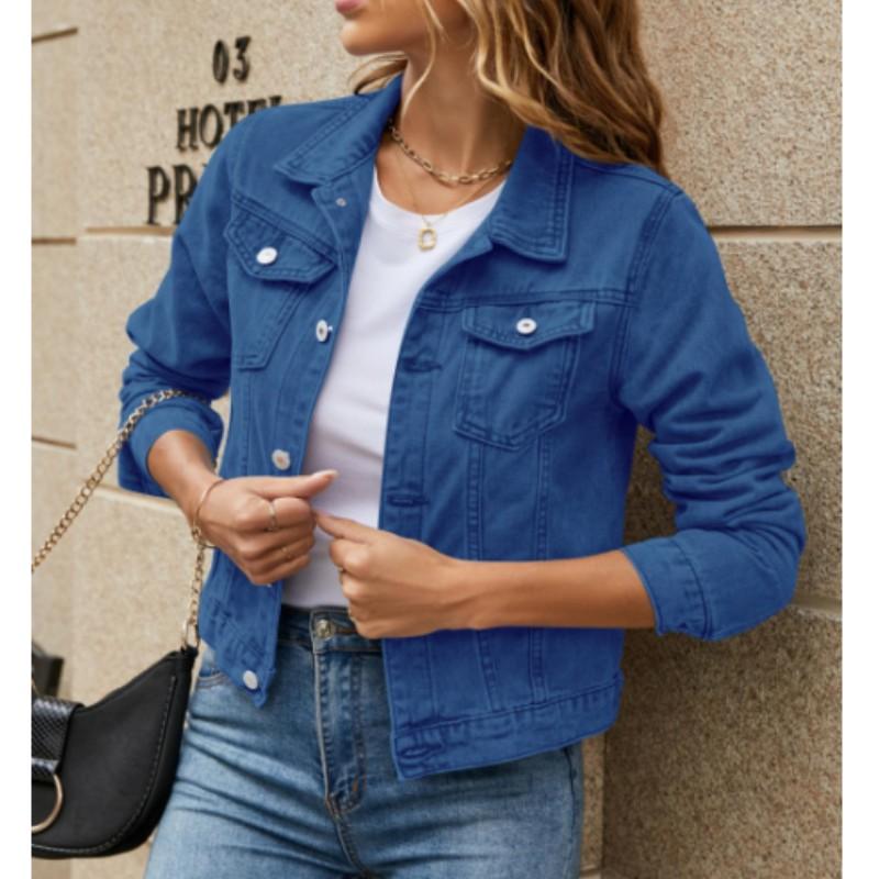 Women's Spring/Autumn Collared Pocket Single-Breasted Short Denim Jacket Solid Color Personalized Slim-Fit Streetwear Jacket