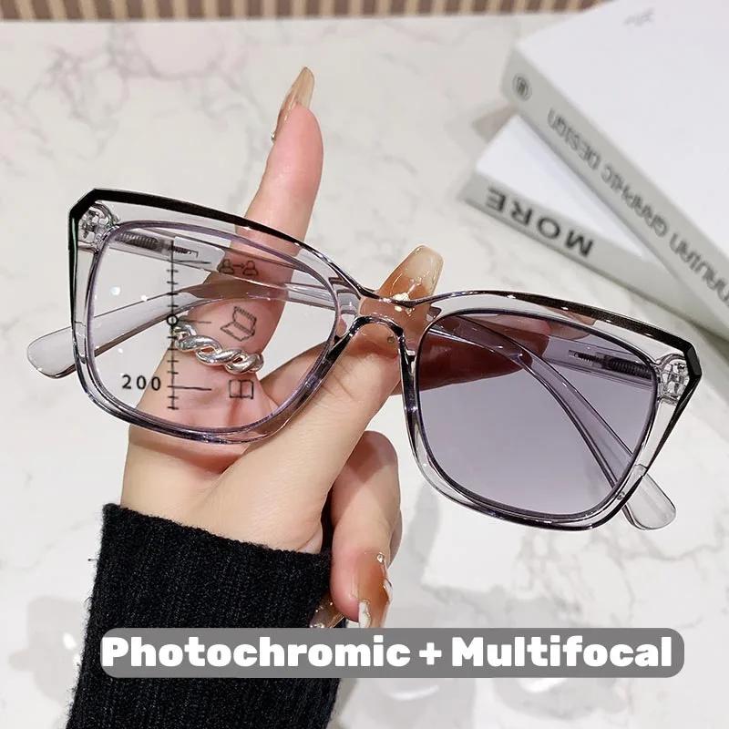Fashion Square Full-Frame Photochromic Multifocal Reading Glasses Neutral Style High-Definition Blue Light Blocking Glasses +4.0