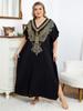 EDOLYNSA Vintage V-neck Gold Eagle Embroidery Plus Size Black Kaftan Robe Women's Long Dress Summer Holiday Beachwear Swimsuit Coverup Q1682