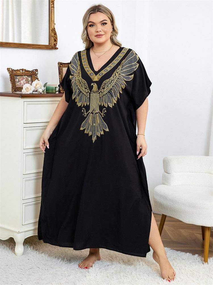 EDOLYNSA Vintage V-neck Gold Eagle Embroidery Plus Size Black Kaftan Robe Women's Long Dress Summer Holiday Beachwear Swimsuit Coverup Q1682