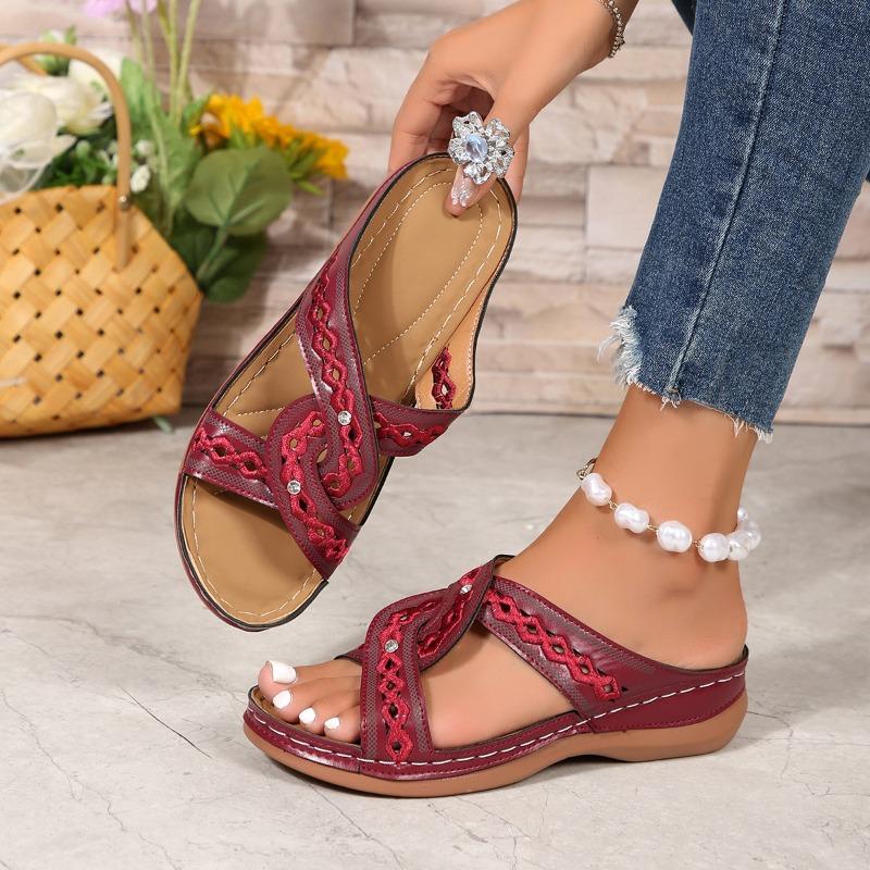 Women’s Retro Round-Toe Wedge Sandals, Slip-Resistant Comfortable One-Strap Slides