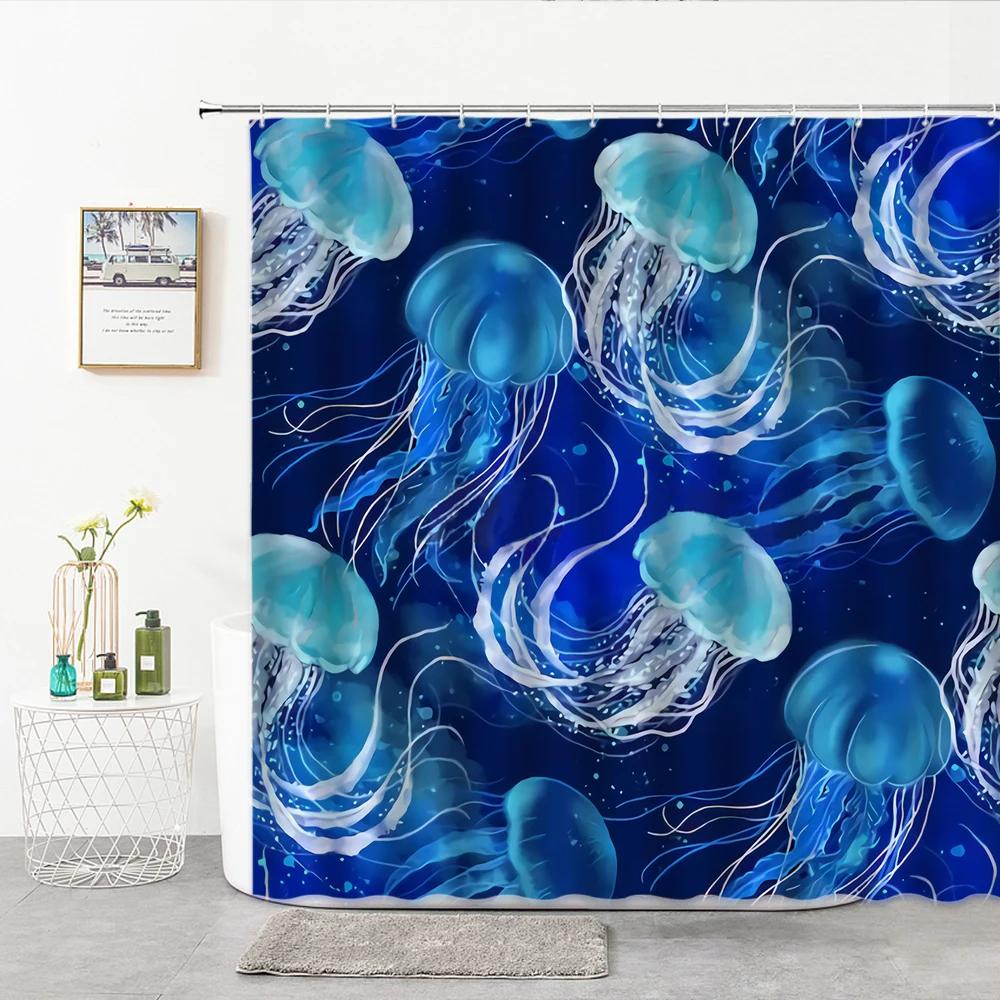 Jellyfish Shower Curtain Cute Funny and Beautiful Watercolor Ocean Wild Creature Printed Bathroom Curtain Home Decor with Hook