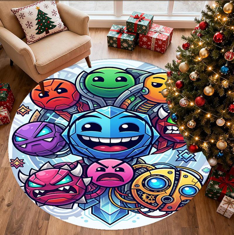 Geometry Dash Pattern Round Rug, Indoor/Outdoor Mat, for Picnic, Gameroom, Bedroom, Office, Living Room, Home Decor Carpet, Birthday Gift