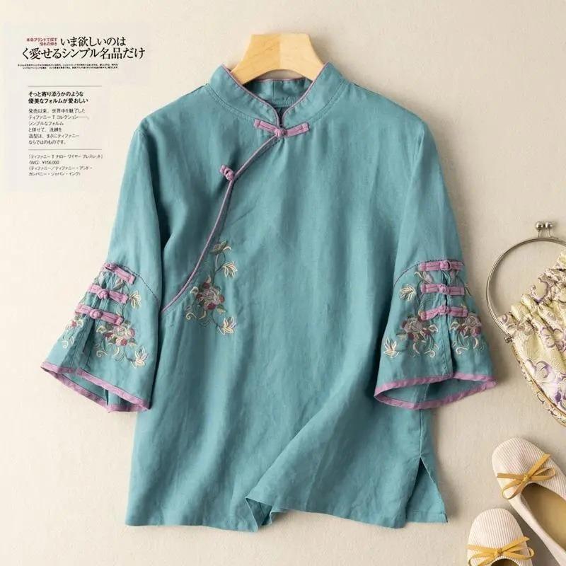Chinese Style Retro Frog Button Embroidered Loose Stand Collar Plus Size Three Quarter Sleeve Blouse M