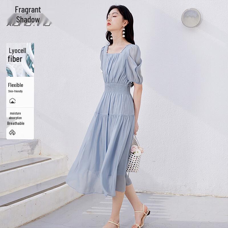 Xiangying Women s French Puff Sleeve A-Line Midi Dress L