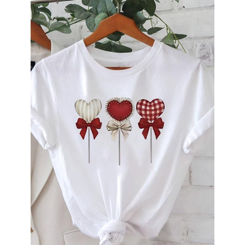 

European Size Love and Bowtie Graphic Print Women s T-shirt, Short Sleeve Crew Neck Casual Top for Summer & Spring, Women s Clothing 4XL