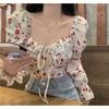 Sweet and Spicy Floral Versatile Shirt for Women Autumn New High Waist Navel Short Top French Niche Long Sleeve Shirt