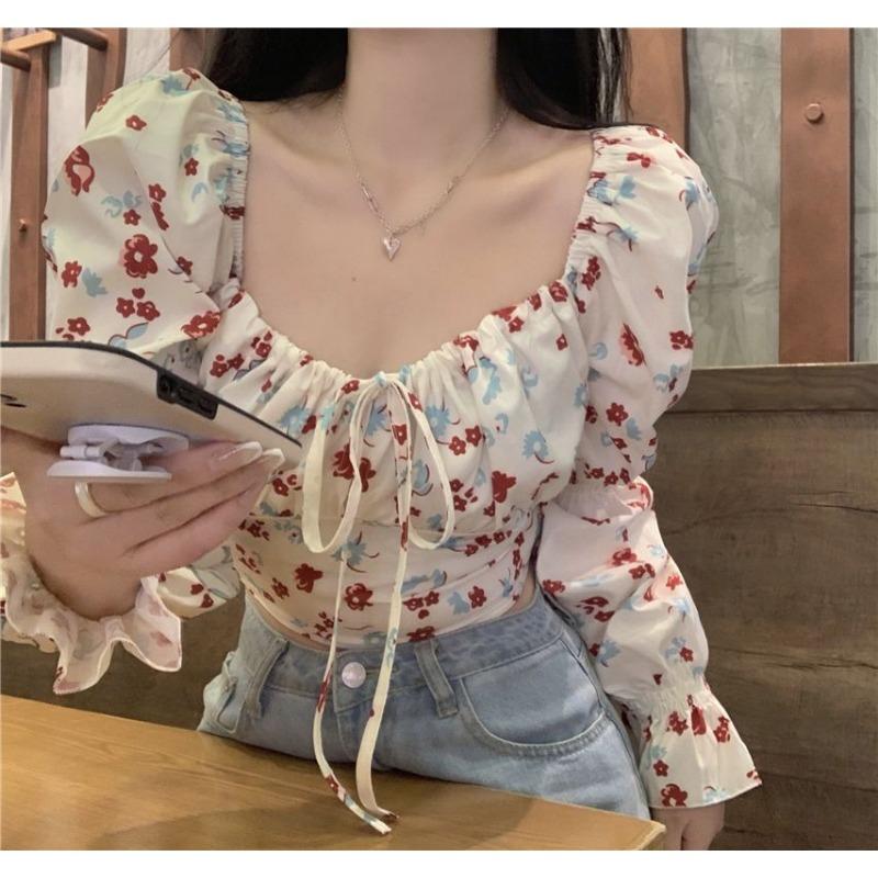 Sweet and Spicy Floral Versatile Shirt for Women Autumn New High Waist Navel Short Top French Niche Long Sleeve Shirt
