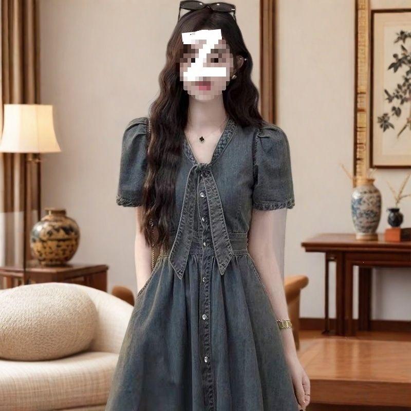 Summer new European Ruofeng French temperament thin denim dress women's high-end waist and thin skirt