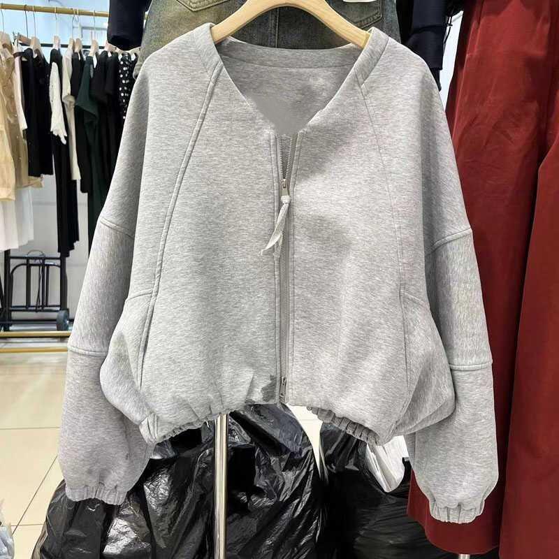 

2025 Ранняя Осень Женская Серая Толстовка с Открытыми Плечами - Весна и Осень Свободный Крой Пышный Топ L, 45-52.5 kg серый