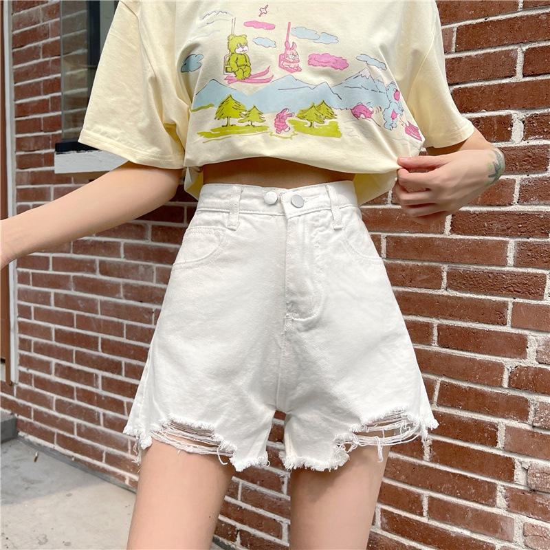 Classic and Minimalist Fashion Versatile Broken Holes Female Summer Thin High-waisted A-line Wide-legged Pants Denim Shorts Individuality Trendiness