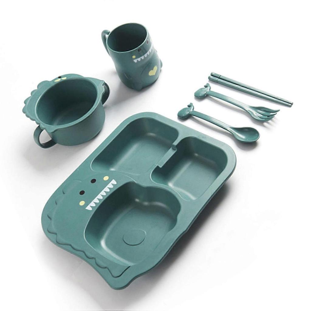 Baby Divided Dinner Plate Cartoon Dinosaur Baby Feeding Bowl Plate Set with Spoon Fork Cup Blue 