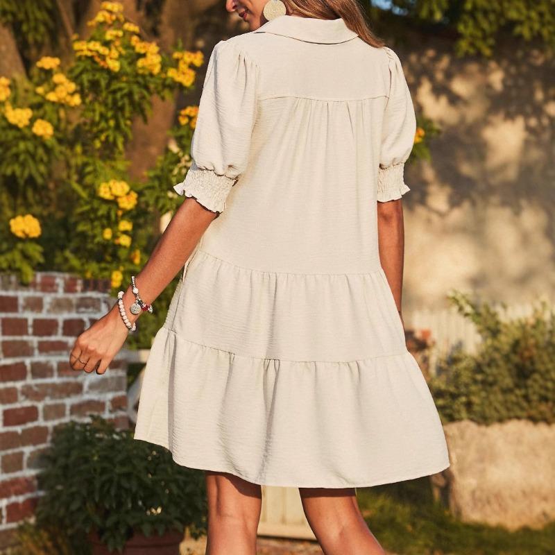Spring and Summer Pleated V-neck Solid Color Patchwork Sleeved Dress