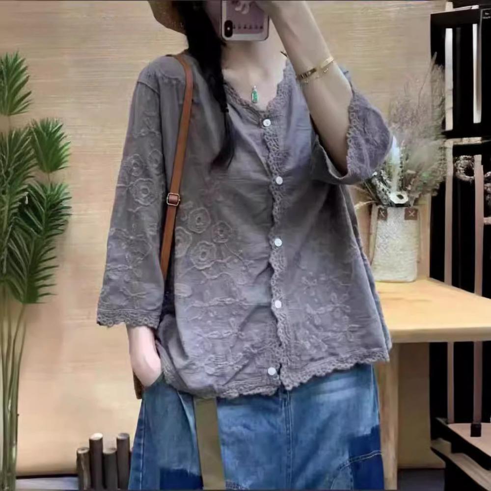 

Niche однотонный повседневный универсальный однобортный топ с вышитыми цветами летняя тонкая литературная рубашка One size темно-серого