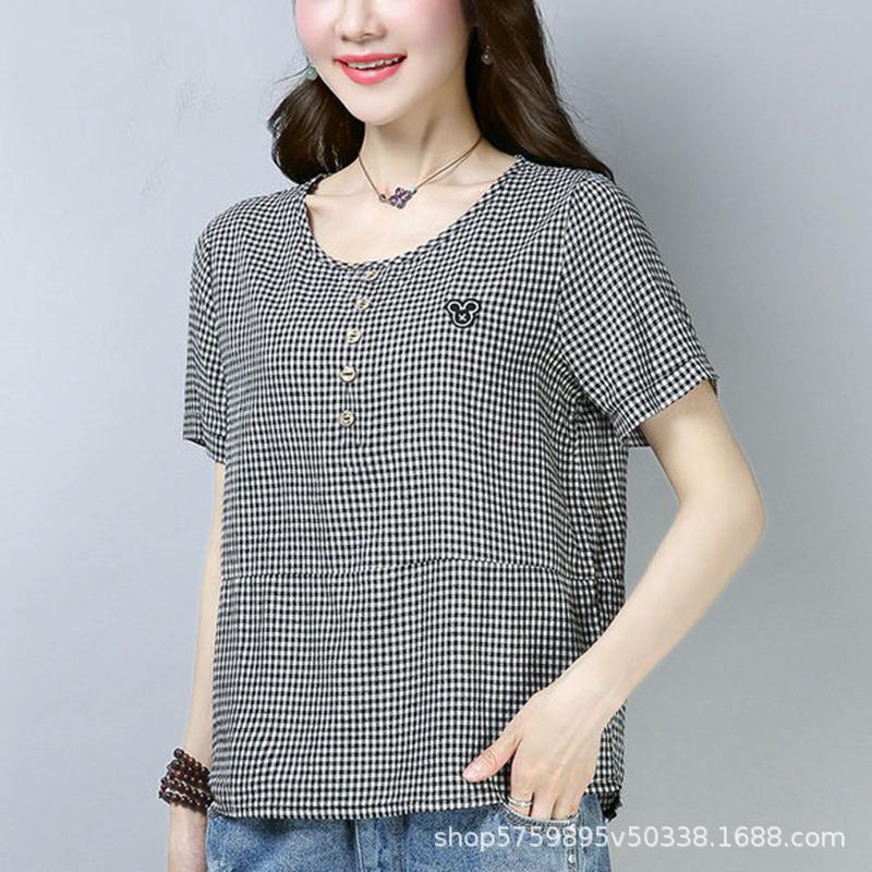

Весна и Лето Женская Футболка с Коротким Рукавом Большого Размера Женская Новая Клетчатая Рубашка с Пуговицами Топ Женская Футболка M чёрный