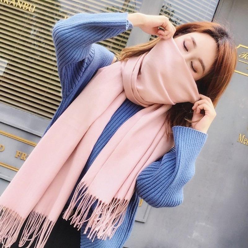 Thick Cashmere Solid Color Shawl Warm Scarf with Tassels Gifts for Women