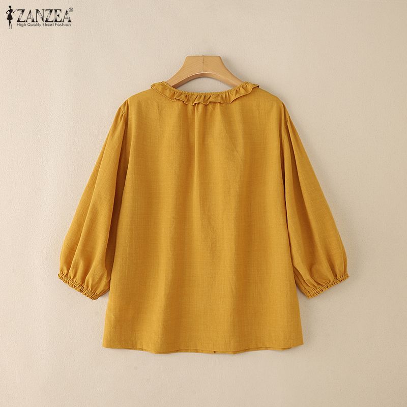 ZANZEA Women Casual Round Neck Loose 3/4 Sleeve Plain Blouse
