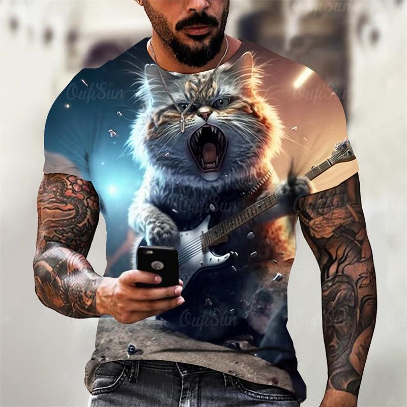 Rock Guitar Cat Graphic T-shirt Summer Fashion Short Sleeve Cool 3D Animal Printing Men's T-shirt Casual Street Shirt