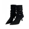 Suede Pointed Toe Stiletto Ankle Boots with Buckle - Women's Mid-Calf Ruched Skinny Heels
