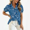 Women Ruffle V Neck Printed Blouse Short Sleeve Casual Loose Fit Top Button Down Lightweight Shirt