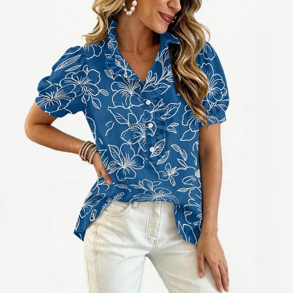 Women Ruffle V Neck Printed Blouse Short Sleeve Casual Loose Fit Top Button Down Lightweight Shirt