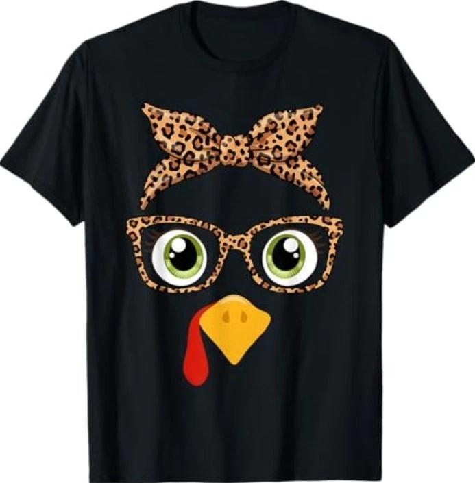 Turkey Face Girl Leopard Bow Headband Glasses Thanksgiving T-Shirt M