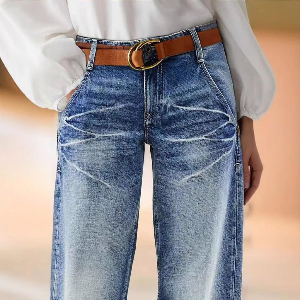 Women Baggy Mid Waist Jeans Wide Leg Loose Denim Pants Straight Leg Cropped Barrel Jeans