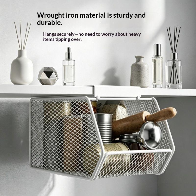 Under Sink Storage Basket Metal Mesh Hanging Basket Drill Free Rust Proof Drainage Bathroom Skincare Organizer Space Saving Rack