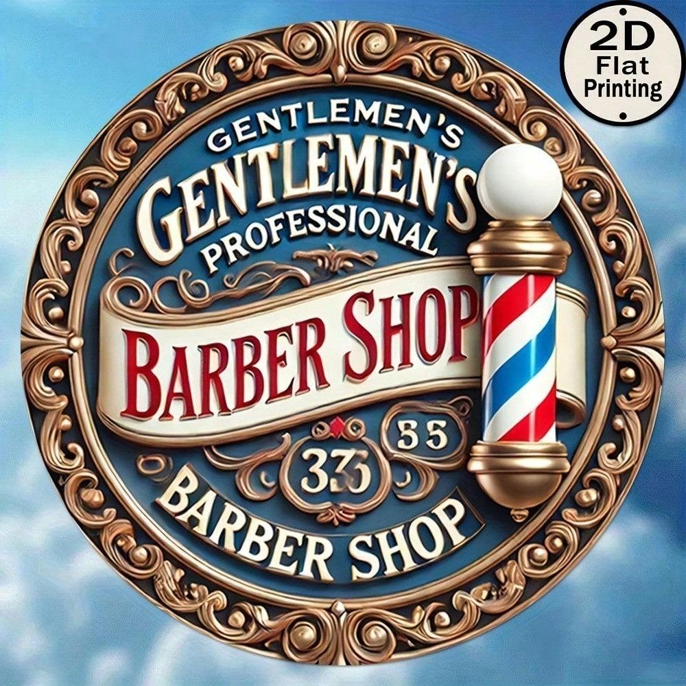 Retro Barber Pole Metal Sign 8 Inch Round Wall Art Vintage Home Decor