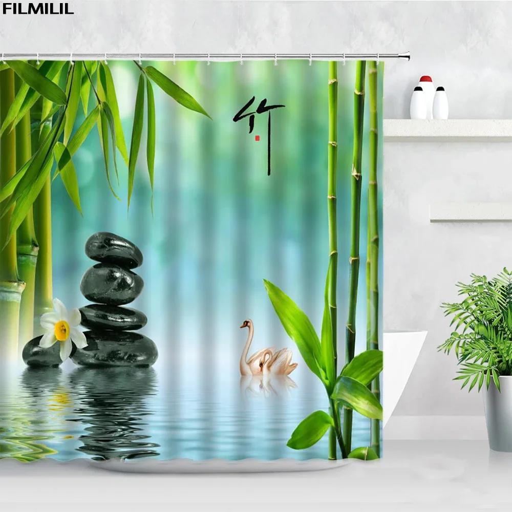 Zen Green Bamboo Shower Curtains Stone Buddha Lotus Candle Asian Japanese Spa Garden Scenery Bath Curtain Fabric Bathroom Decor