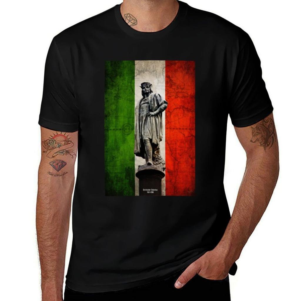 Christopher Columbus Statue With Italian Flag Tshirt Mechanic Work Tee Shirt