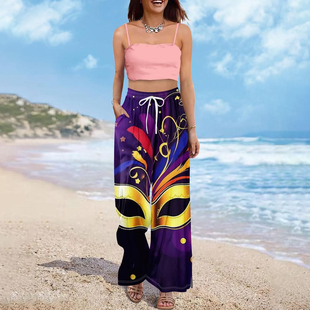 Women Summer Boho Palazzo Pants High Waist Wide Leg Printing Casual Trousers With Pockets