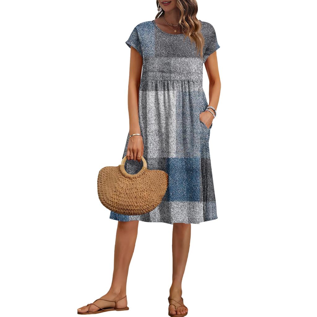 Women's Summer Fashion Casual Round Neck Short Sleeve Plaid Print Dress