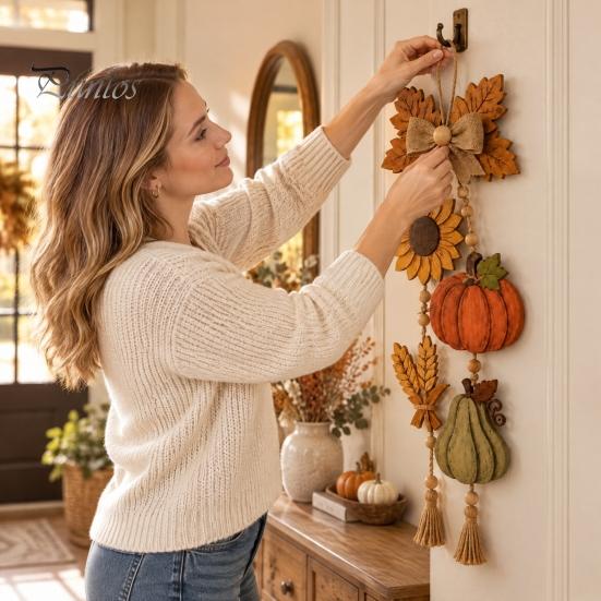 Seasonal Harvest Party Supplies Wooden Autumn Door Sign, Hanging Pendant with Tassel and Beads, Rustic Farmhouse Country Style Fall Ornaments