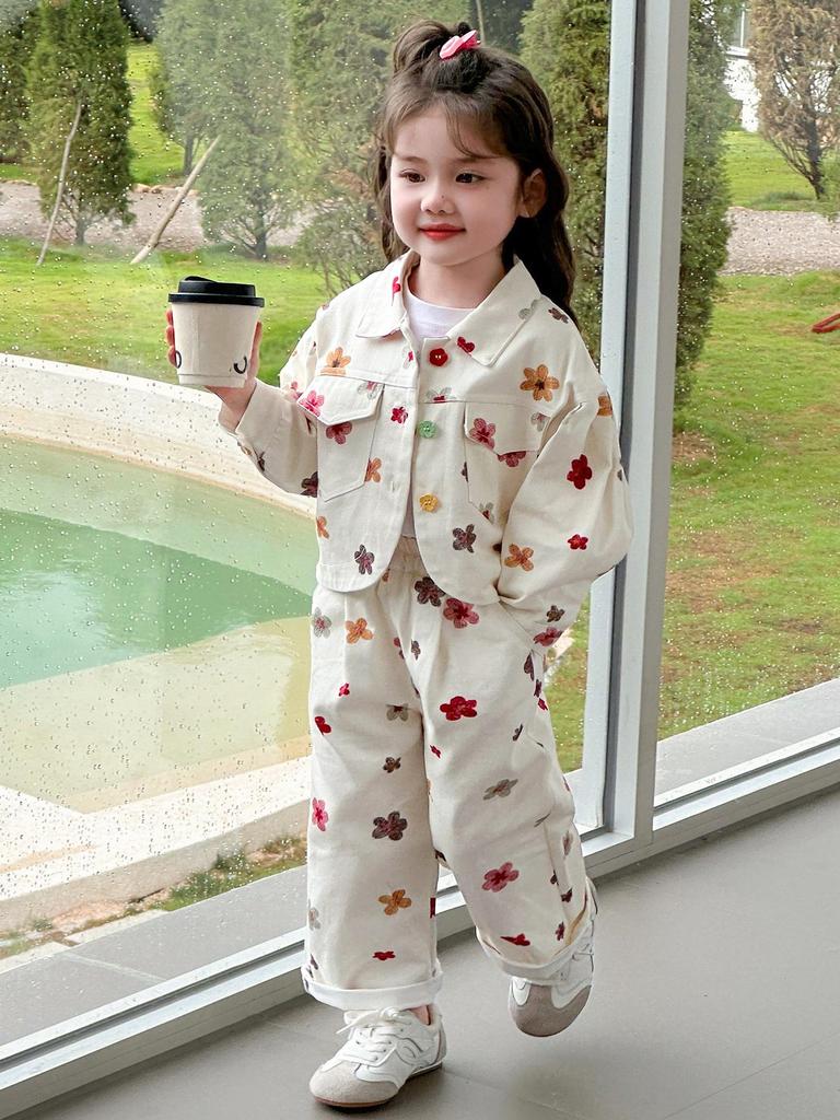 2025 Herbst Mädchen Off-White Denim-Set mit kleiner Blumenstickerei - Koreanischer Stil Zweiteiler für den Kindergarten