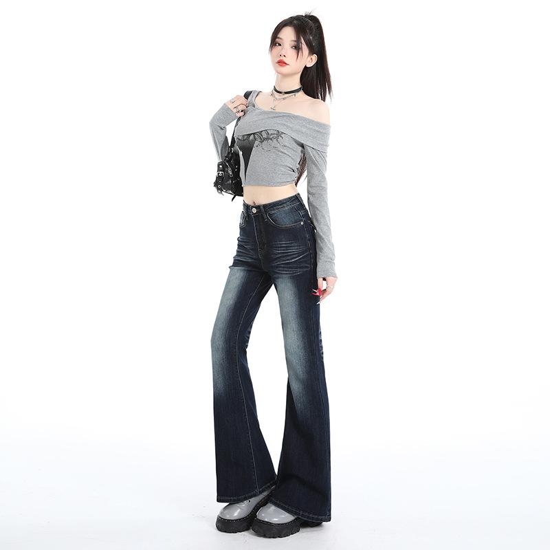Autumn new dark blue high-waisted micro-pull jeans women's American non-stick leg elastic Spice girl straight-leg flared pants