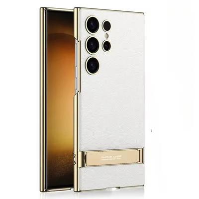 Electroplated Plain Leather Bracket S25 S24 S23 Ultra Phone Case for Samsung Galaxy S24 Preservation Shockproof Cover