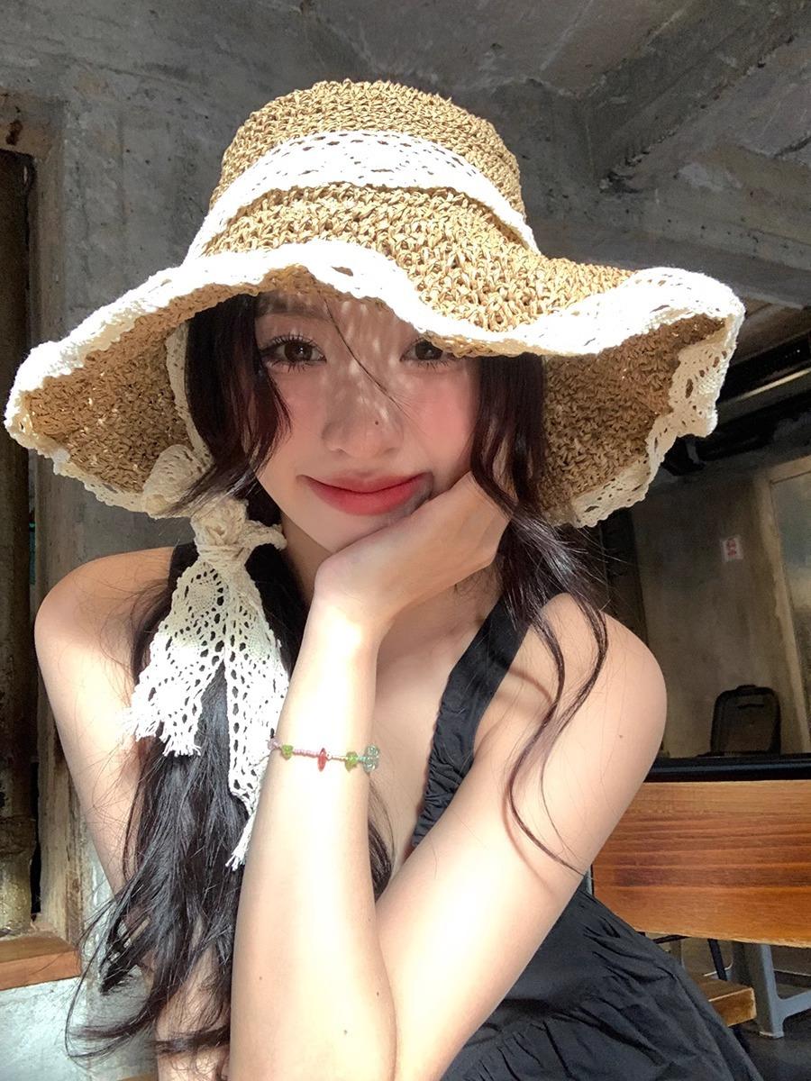 

New Women S Hollowed Out Large Brim Sun Hat Summer Outdoor Lace Lace Tied Bow Grass Hat Hidden Wire Brim Hat
